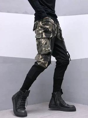 Black camouflage patchwork cargo pants in cotton