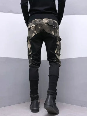 Black camouflage patchwork cargo pants in cotton