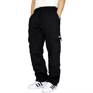 Front view of the black Cargo Pocket Gym Sweatpants with a drawstring waist and flap cargo pocket