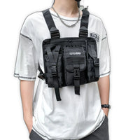 Black cargo vest chest bag with adjustable harness