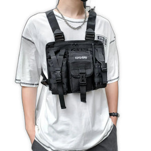 Black cargo vest chest bag with adjustable harness
