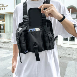 Black cargo vest chest bag with adjustable harness