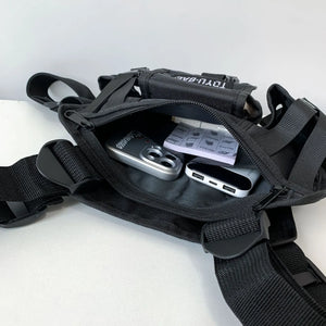 Black cargo vest chest bag with adjustable harness