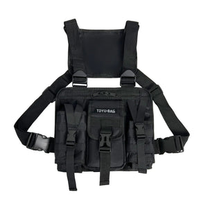 Black cargo vest chest bag with adjustable harness