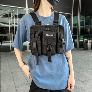 Black cargo vest chest bag with adjustable harness