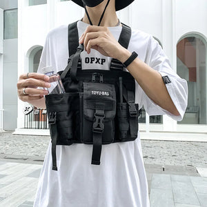 Black cargo vest chest bag with adjustable harness