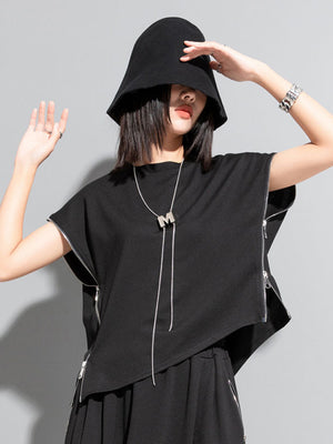 Casual Black Zipper T-shirt Women's