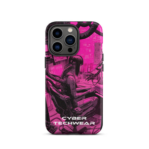 Chic iPhone Pink Case for iPhone 13 Pro, back view of the magenta and black workstation scene print