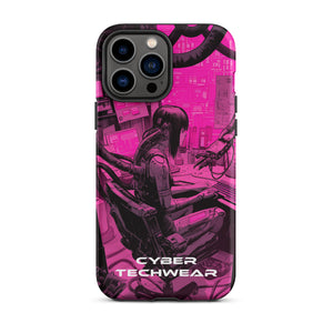 Chic iPhone Pink Case for iPhone 13 Pro Max, back view of the magenta and black workstation scene print