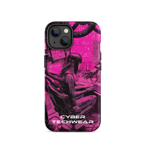 Chic iPhone Pink Case for iPhone 14, back view of the magenta and black workstation scene print