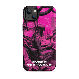 Chic iPhone Pink Case for iPhone 14 Plus, back view of the magenta and black workstation scene print