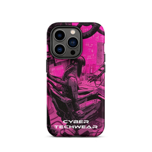 Chic iPhone Pink Case for iPhone 14 Pro, back view of the magenta and black workstation scene print