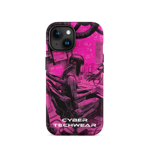 Chic iPhone Pink Case for iPhone 15, back view of the magenta and black workstation scene print