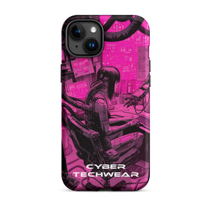 Chic iPhone Pink Case for iPhone 15 Plus, back view of the magenta and black workstation scene print