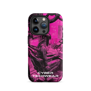Chic iPhone Pink Case for iPhone 15 Pro, back view of the magenta and black workstation scene print