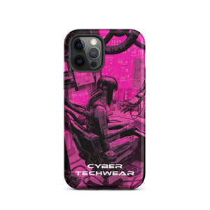 Chic iPhone Pink Case for iPhone 12 Pro, back view of the magenta and black workstation scene print