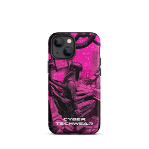 Chic iPhone Pink Case for iPhone 13 mini, back view of the magenta and black workstation scene print