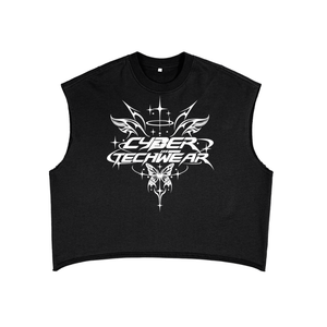 Black boxy tank top laid flat, chrome CYBER TECHWEAR emblem printed across the chest in white