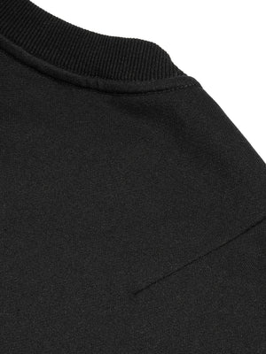 Close-up of the ribbed crew collar in black, stitched flat where it joins the shoulder seam