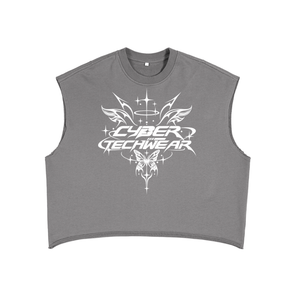 Grey colourway laid flat, the same chrome emblem printed across a lighter, washed-out body