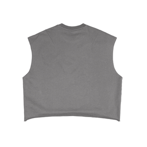 Back of the grey tank laid flat, plain, with the wide armholes cut deep into the side seam