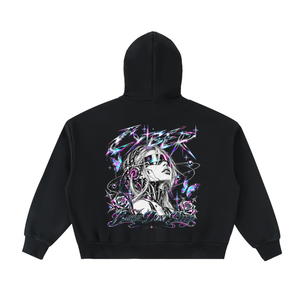 Chrome Y2K Zip Up Hoodie laid flat from the back, showing the chrome cyber girl, roses and butterflies