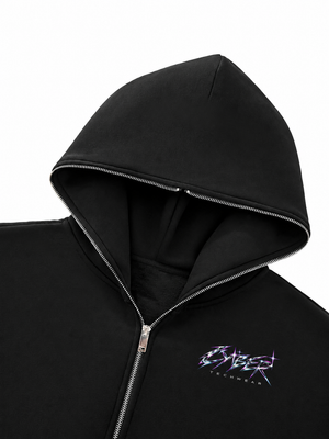 Close-up of the Chrome Y2K Zip Up Hoodie hood and of the metal zip running up the thick black fleece