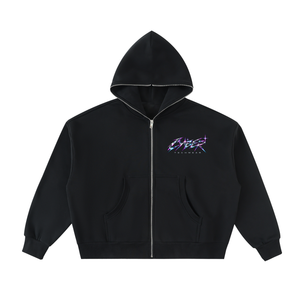 Chrome Y2K Zip Up Hoodie laid flat and zipped up, hood raised, with its two curved front pockets