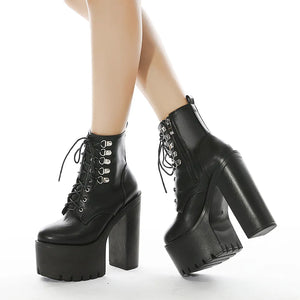 Chunky Heel Black Lace Up Boots