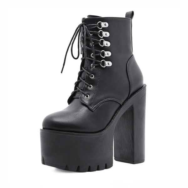Chunky Heel Black Lace Up Boots