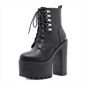 Chunky Heel Black Lace Up Boots