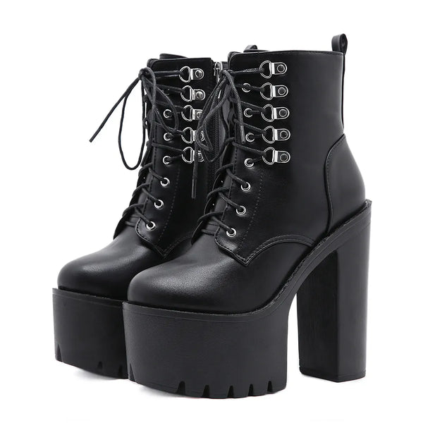 Chunky Heel Black Lace Up Boots