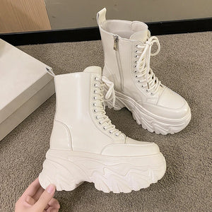 Chunky Heel Platform Boots White
