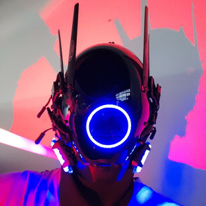 Circle Cyberpunk Helmet – worn, LED ring and side lights on