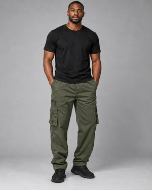Classic Multi Pocket Cargo Pants shown in four colours worn by models, flap cargo pockets and elastic waists