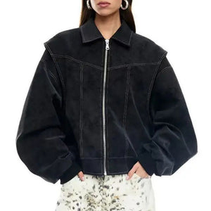 Collar Zipper Black Jacket Women