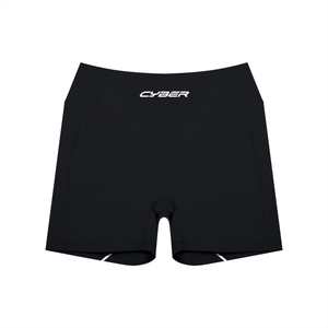 Color Block Cyber Booty Shorts in black laid flat, front view, high waistband with the CYBER wordmark