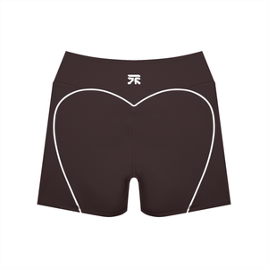 Back of the brown booty shorts laid flat, the white trim tracing a heart over the dark brown seat