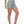 Side view of the model in haze blue booty shorts, the high waistband sitting well above the hips