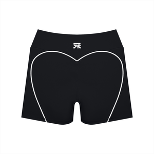 Back of the black booty shorts laid flat, the white trim drawn in a heart shape across the back