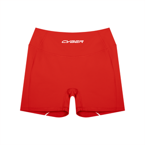Red colourway laid flat from the front, a wide high waistband over plain red stretch knit