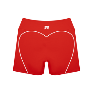 Back of the red booty shorts laid flat, the white heart trim running down each side of the seat
