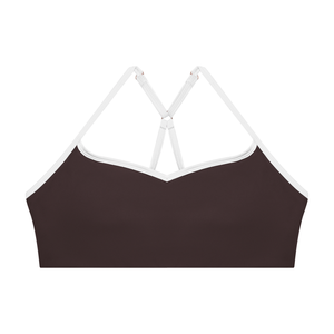 Brown colourway laid flat, front view with the sweetheart neckline edged in white