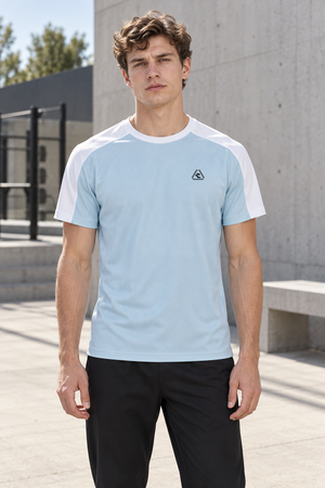 Man in the Light Blue with White Color Block Raglan Shirt, front view with triangle chest logo