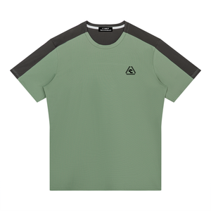 Bean Green with Dark Gray color block t-shirt laid flat, front view with dark sleeves and chest logo