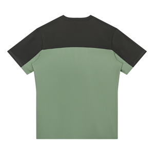 Bean Green with Dark Gray t-shirt laid flat from the back, dark gray yoke over a green body