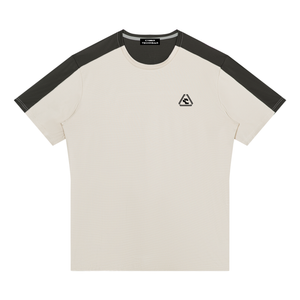 Light Gray with Dark Gray Color Block Raglan Shirt laid flat, front view with triangle logo