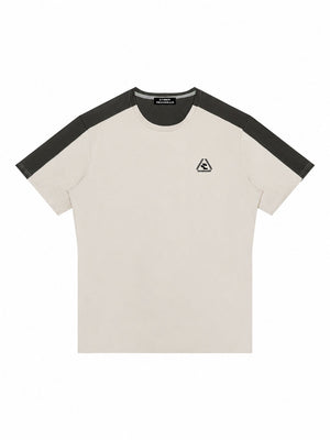 Light Gray with Dark Gray color block t-shirt laid flat in a second front view, with neck label