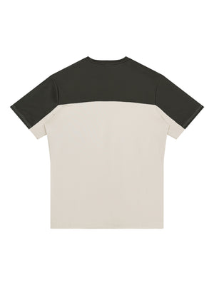 Light Gray with Dark Gray color block t-shirt in a second back view laid flat, straight hem