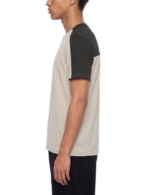 Side view of the Light Gray with Dark Gray color block t-shirt on a model, dark sleeve and shoulder